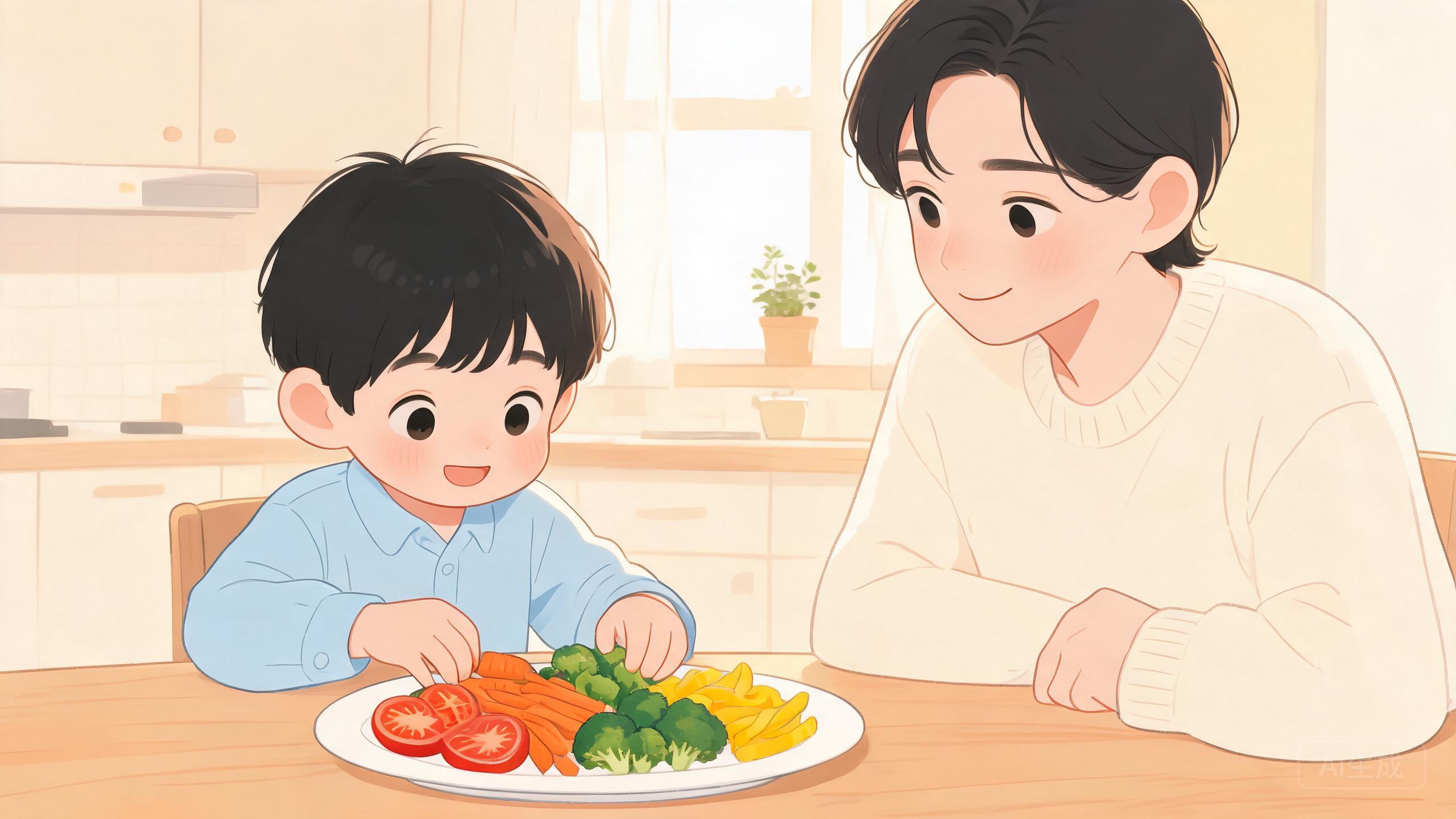 餐桌观察：孩子在餐桌上按颜色给蔬菜分类