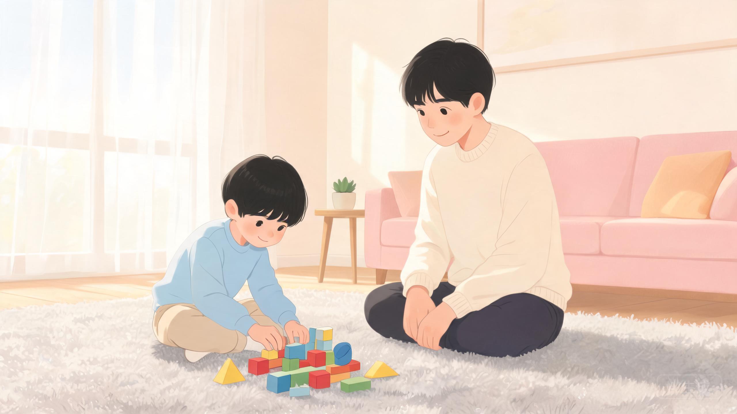游戏陪伴：孩子专注搭建积木，家长在一旁陪伴